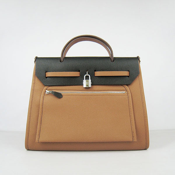 7A Replica Hermes Light Coffee/Black Kelly 32cm Togo Leather Bag 60667 - Click Image to Close